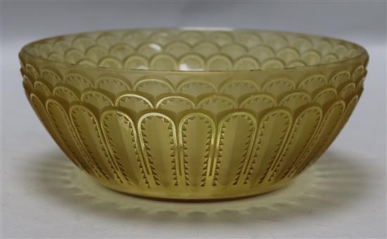 Rene Lalique - a Jaffa amber glass bowl, 19cm diameter